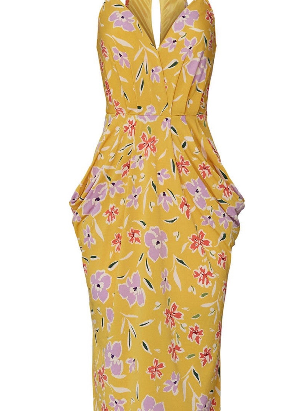 BCBGeneration Yellow Floral V-Neck Midi Dress